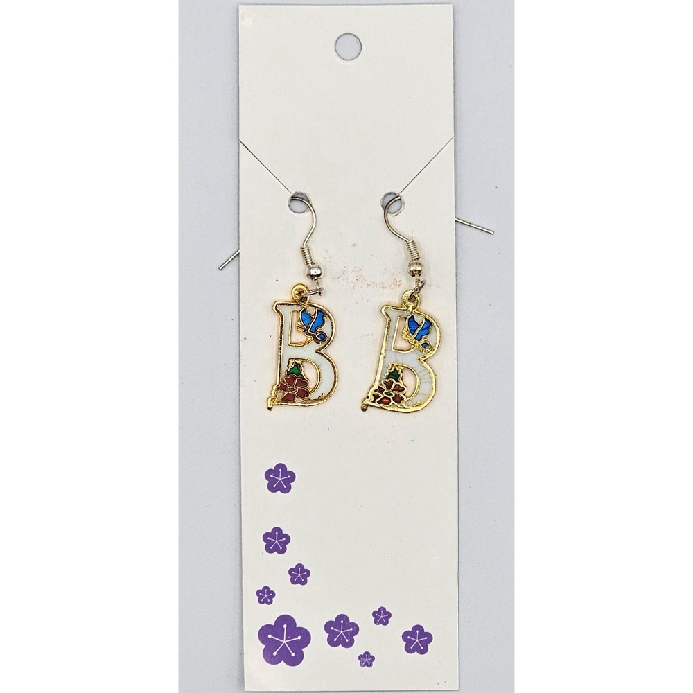 Initial B Letter Earrings Gold Tone‎ Blue Butterfly Floral Enamel Drop Dangle